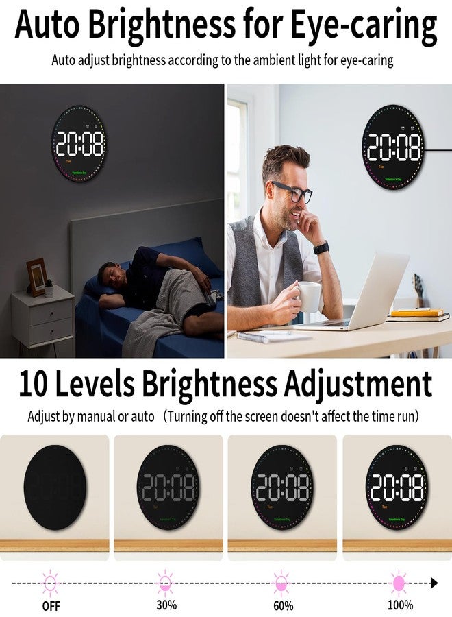 ساعة حائط رقمية مع جهاز تحكم عن بعد، ساعة حائط مقاس 10 بوصات بشاشة كبيرة، ساعة رقمية LED للفصول الدراسية والمكاتب، خاصية التعتيم التلقائي مع عقرب ثوانٍ ملون، مؤشرات للمناسبات، التوقيت الصيفي، عرض درجة الحرارة، ديكور حائط - Image 4